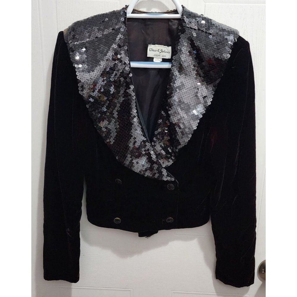 Dave & Johnny Joseph Lara Women L/S Cropped Jacket Black Velvet Sequin Neck 9/10